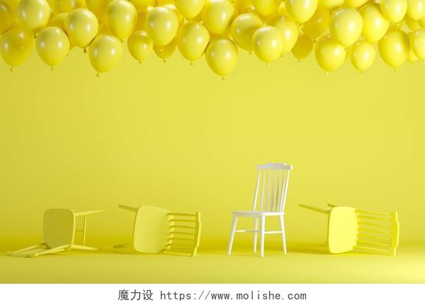 杰出的白色椅子与浮动黄色气球在黄色柔和的背景室工作室